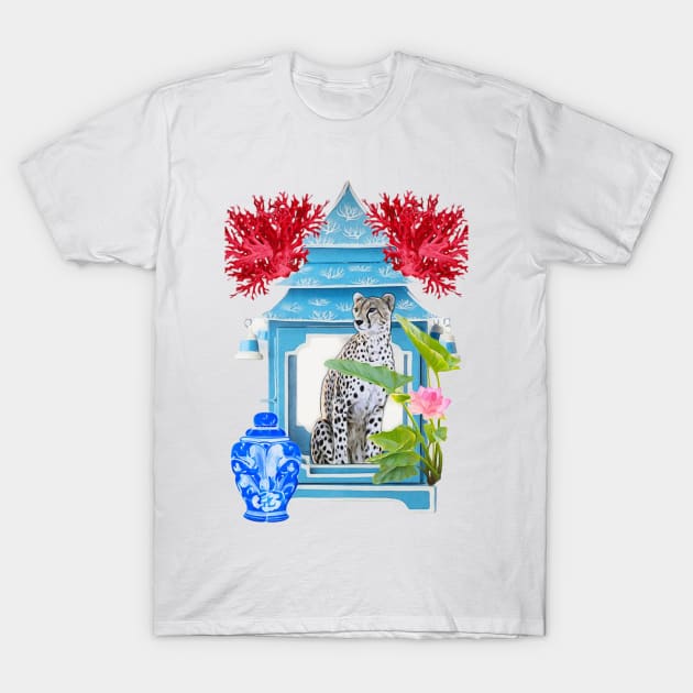 Pagoda, corals, chinoiserie leopard and ginger jar T-Shirt by SophieClimaArt